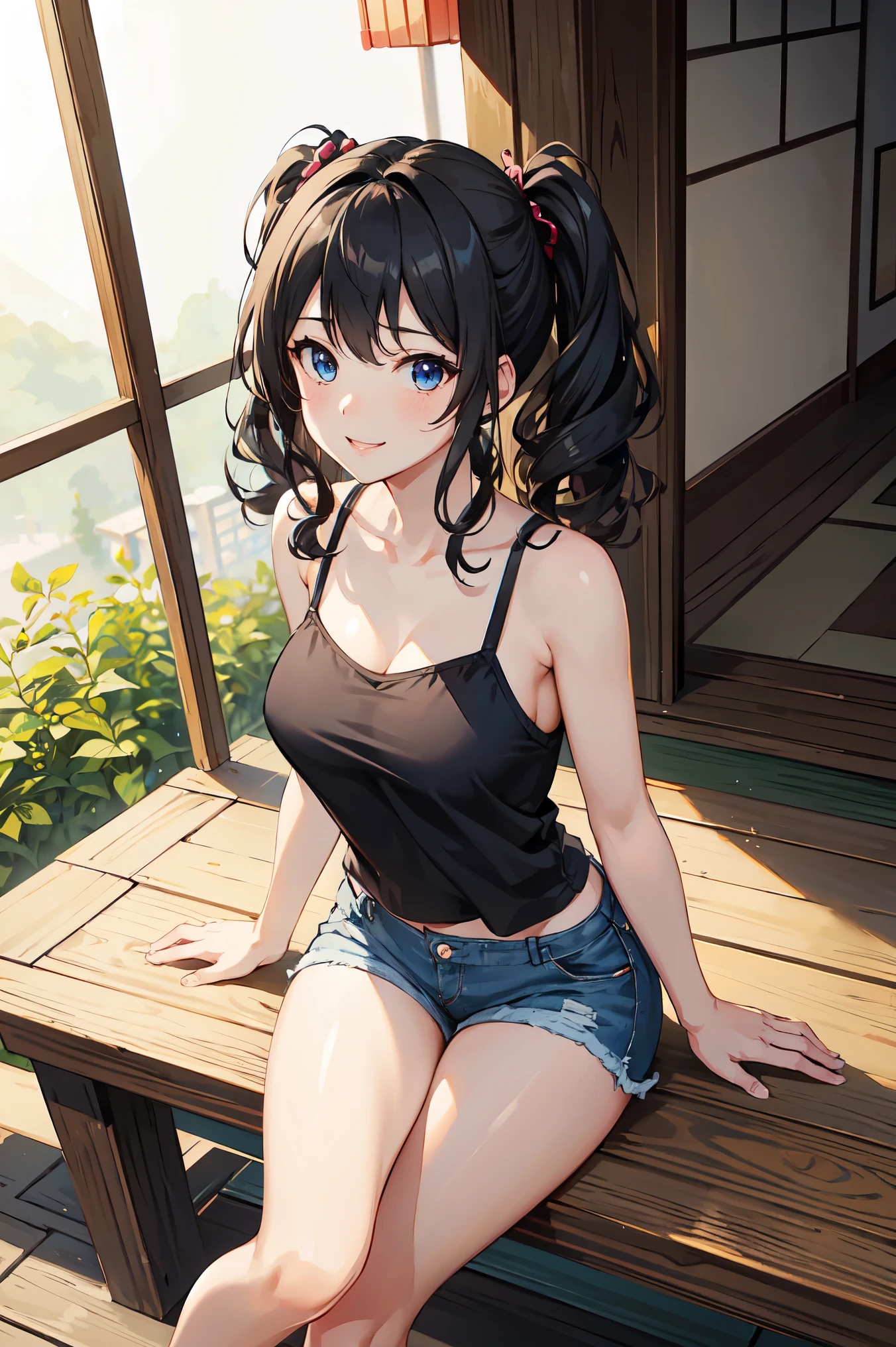 CG, Unity, 8k, wallpaper, highest quality, masterpiece, haruka amami, (smile: 1.2), 1 high school girl、Black Hair、Curly Hair、Blue Eyes、Dense lips、Sit on the veranda, Black Camisole BREAK Denim Shorts, barefoot, Thighs, Sweat, Best lighting, Complex pupil, Complex weaving, Detailed Background, Japanese countryside, She shows the viewer a popsicle in her hand.