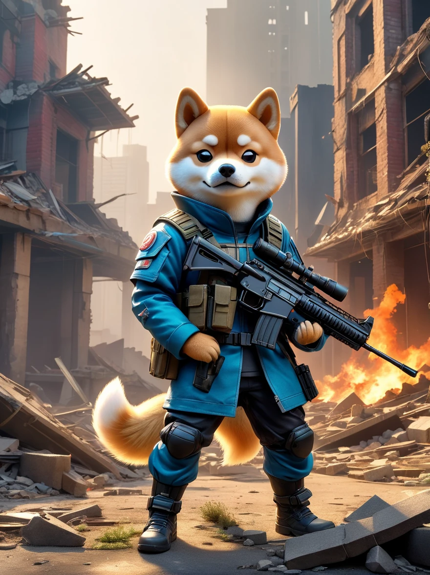 A cyberpunk anthropomorphic Shiba Inu warrior holding an assault rifle,Standing among the ruins of a dilapidated urban environment,Behind are collapsed buildings and broken walls,Dramatic light,Dark and eerie atmosphere,Fine details,Best quality,8k,high resolution,(masterpiece:1.2),Super Detail,(1.4x more realism),HDR,Professional摄影棚照明,Ultra-fine,Clear depth of field,Physically Based Rendering,Extremely detailed description,Professional,Vivid colors,Film texture