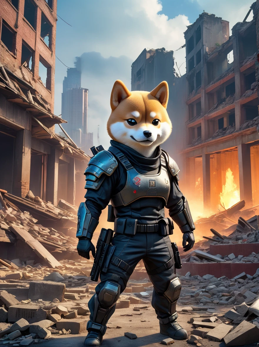 A cyberpunk anthropomorphic Shiba Inu warrior holding an assault rifle,Standing among the ruins of a dilapidated urban environment,Behind are collapsed buildings and broken walls,Dramatic light,Dark and eerie atmosphere,Fine details,Best quality,8k,high resolution,(masterpiece:1.2),Super Detail,(1.4x more realism),HDR,Professional摄影棚照明,Ultra-fine,Clear depth of field,Physically Based Rendering,Extremely detailed description,Professional,Vivid colors,Film texture