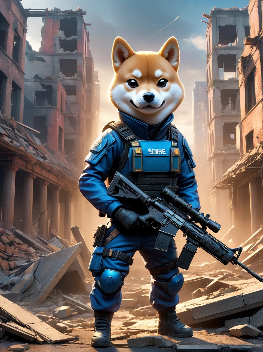 A cyberpunk anthropomorphic Shiba Inu warrior holding an assault rifle，Standing among the ruins of a dilapidated urban environment，Behind are collapsed buildings and broken walls，Dramatic light，Dark and eerie atmosphere，Fine details，Best quality，8k，high resolution，(masterpiece:1.2)，Super Detail，(1.4x more realism)，HDR，Professional摄影棚照明，Ultra-fine，Clear depth of field，Physically Based Rendering，Extremely detailed description，Professional，Vivid colors，Film texture