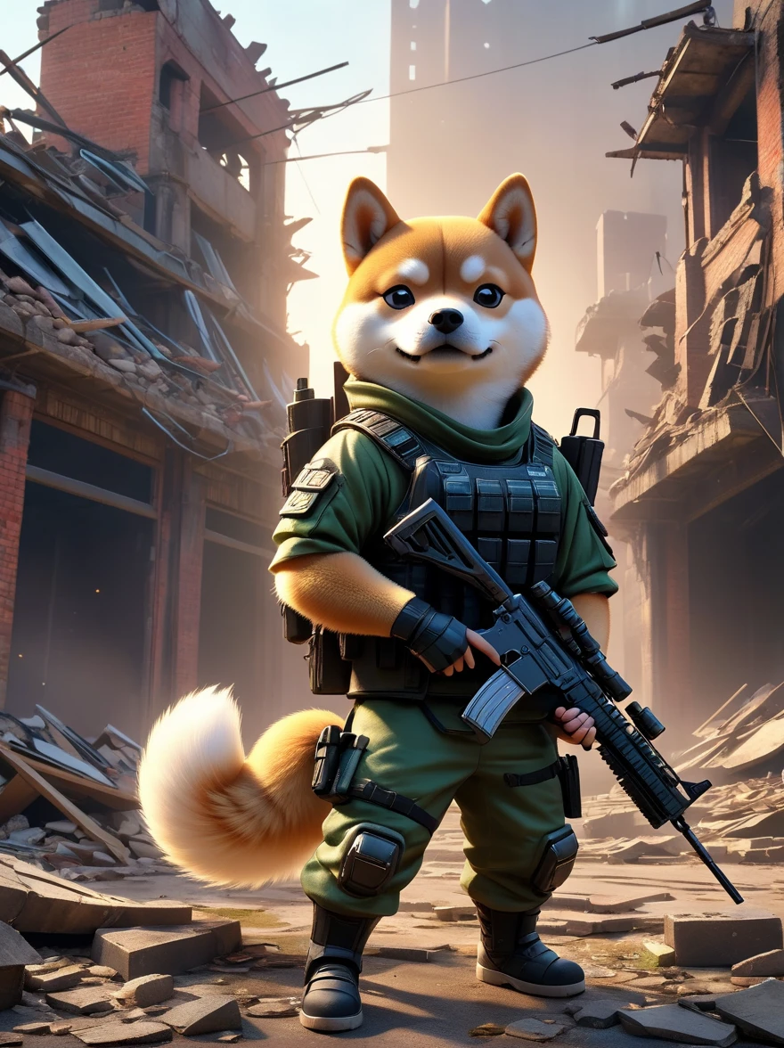 A cyberpunk anthropomorphic Shiba Inu warrior holding an assault rifle，Standing among the ruins of a dilapidated urban environment，Behind are collapsed buildings and broken walls，Dramatic light，Dark and eerie atmosphere，Fine details，Best quality，8k，high resolution，(masterpiece:1.2)，Super Detail，(1.4x more realism)，HDR，Professional摄影棚照明，Ultra-fine，Clear depth of field，Physically Based Rendering，Extremely detailed description，Professional，Vivid colors，Film texture