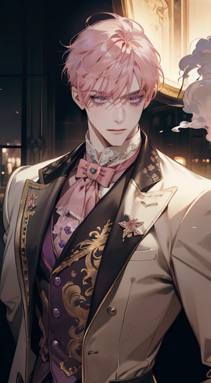 undercucho Close Portrait of Elegant Person [undercucho] in bespoke MAN suit: tall muscular man, classic style, intricate detial baroque, elegant, bright lights, highly detailed, digital painting, artstation, concept art, soft and sharp focus, portrait , illustration, art by wlop, mars ravelo and greg rutkowski (High detail skin: 1.2), 8k uhd, DSLR, soft lighting, high quality, film grain, Fujifilm XT3 mix4, male model, (((1 MAN))) suit, seductive, Florence, Italy background, (((/LOOKING AT THE VIEWER/))) ((((SHORT PINK HAIR))) (((LONG BANGS))) (((VIOLET EYES))) (((DELIGHTED LOOK))), SMILE, MYSTERIOUS AURA, night, bokeh, depth of field, (upper body: 1.0), best quality, intricate details, detailed eyes, masterpiece, film grain, 1900s, kodakchrome, flashlight, strange smoke around him, MASTERPIECE