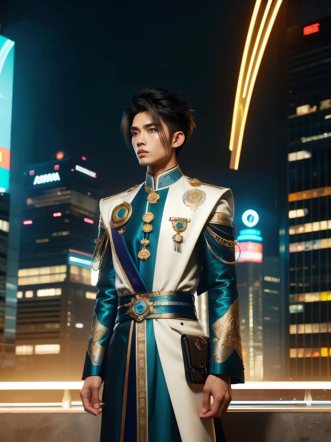 (high quality), (masterpiece), (detailed), 8K, Hyper-realistic illustration depicts (Japanese boy1.3) with striking (vibrant blue eyes1.2) and (jet-black hair1.2) styled in a trendy (undercut1.2), dressed in a fusion of (traditional Indian kurta1.2) and (futuristic exosuit1.2) adorned with (vibrant turquoise gemstones1.2) and (intricate henna patterns1.2). He stands in a (modern Mumbai cityscape1.2) with (neon-lit skyscrapers1.2) and (holographic advertisements1.2) surrounding him, exuding a sense of (cutting-edge technology1.2) and (cultural fusion1.2). In the style of Abhishek Singh, trending on Behance.