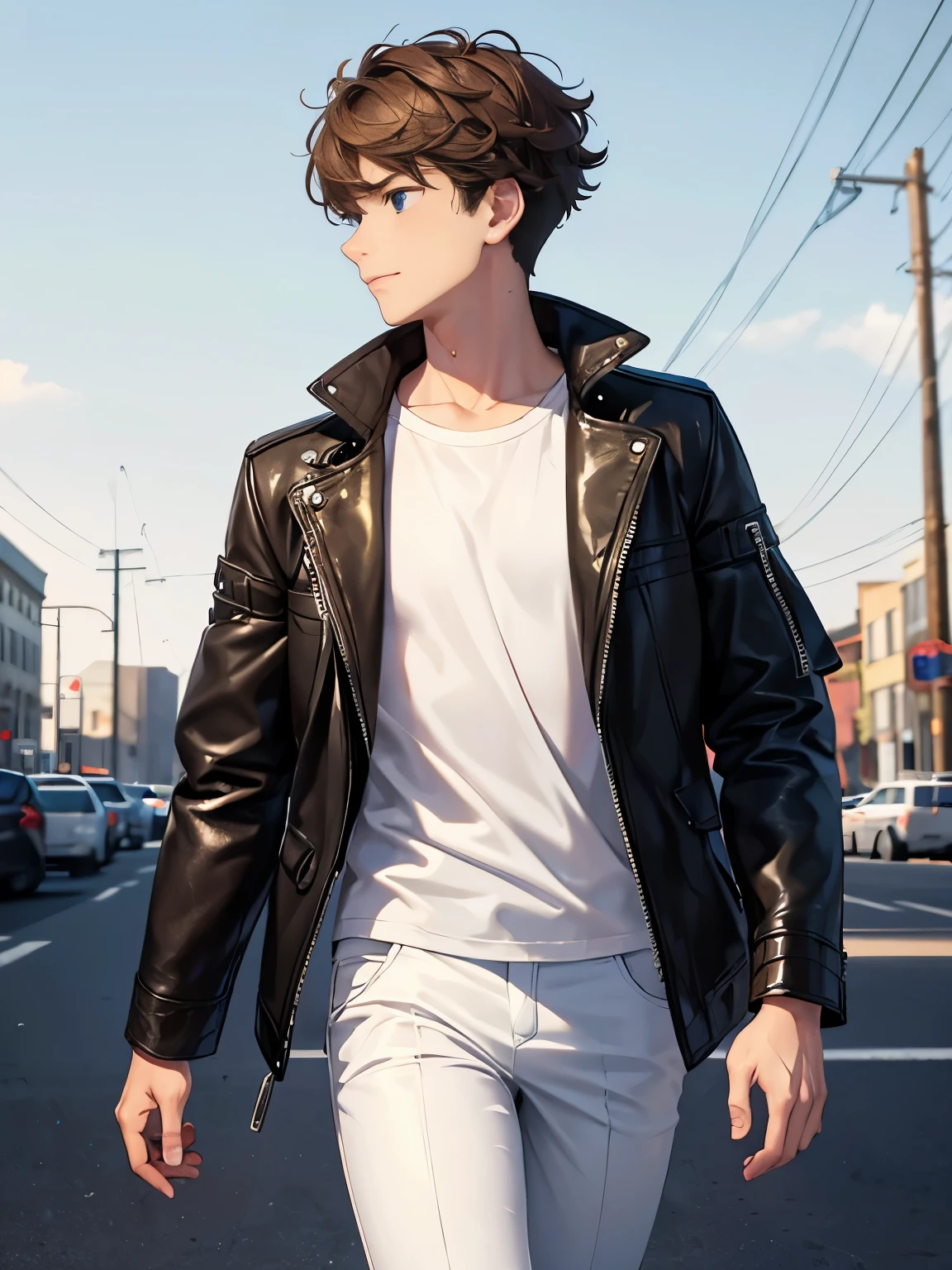 1boy,guy,Walking, Facing right, camera angle from the side, looking away, photo from the side, looking away, slight smile,blue eyes,half body photo,18 years old,Curly hair,medium hair,undercut hairstyle,light brown hair,black jacket,Leather jacket,white t-shirt,white trousers,morning,ultra detail,masterpiece