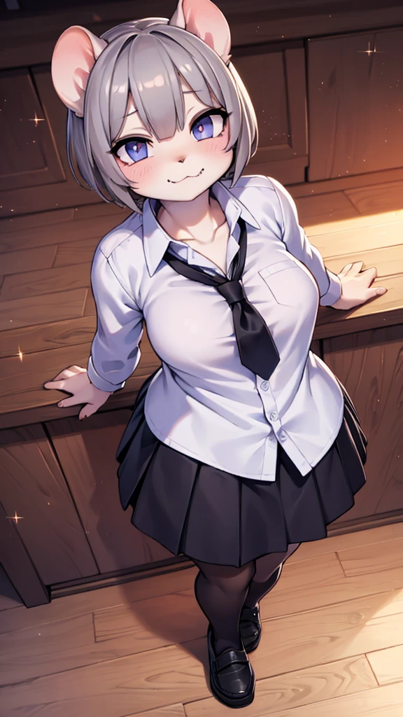 cute女性、Sparkling、Gray rat、cute、short hair、boyish、Laughing with your mouth open、Sunset、Grey Skin、Naughty、Lively、Mischievous、Jumping、High school girls、White shirt、Black long skirt、Black Loafers、Troubled face、Detailed Description、high resolution、High quality、Detailed eyes、Detailed body、classroom、Looking down from above
