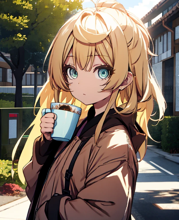 There is a 33 - year-old girl holding a cup of coffee in her hand, Nice face girl, Cute natural anime face, He has a nice face - soft -, Sakimi-chan, Chiho, Yoshitomo Nara, Cute young face, Face of a beautiful Japanese girl, Blond hair and big eyes, Cute kawaii girl, Beautiful big, light eyes