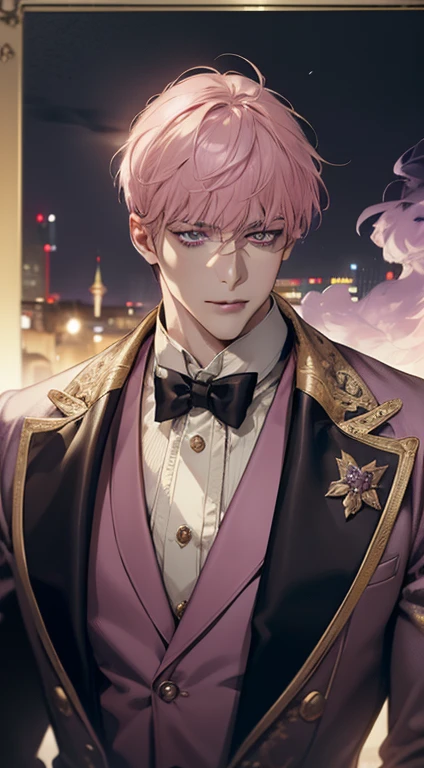 undercucho Close Portrait of Elegant Person [undercucho] in bespoke MAN suit: tall muscular man, classic style, intricate detial baroque, elegant, bright lights, highly detailed, digital painting, artstation, concept art, soft and sharp focus, portrait , illustration, art by wlop, mars ravelo and greg rutkowski (High detail skin: 1.2), 8k uhd, DSLR, soft lighting, high quality, film grain, Fujifilm XT3 mix4, male model, (((1 MAN))) suit, seductive, Florence, Italy background, (((/LOOKING AT THE VIEWER/))) ((((SHORT PINK HAIR))) (((LONG BANGS))) (((VIOLET EYES))) (((DELIGHTED LOOK))), SMILE, MYSTERIOUS AURA, night, bokeh, depth of field, (upper body: 1.0), best quality, intricate details, detailed eyes, masterpiece, film grain, 1900s, kodakchrome, flashlight, strange smoke around him, MASTERPIECE