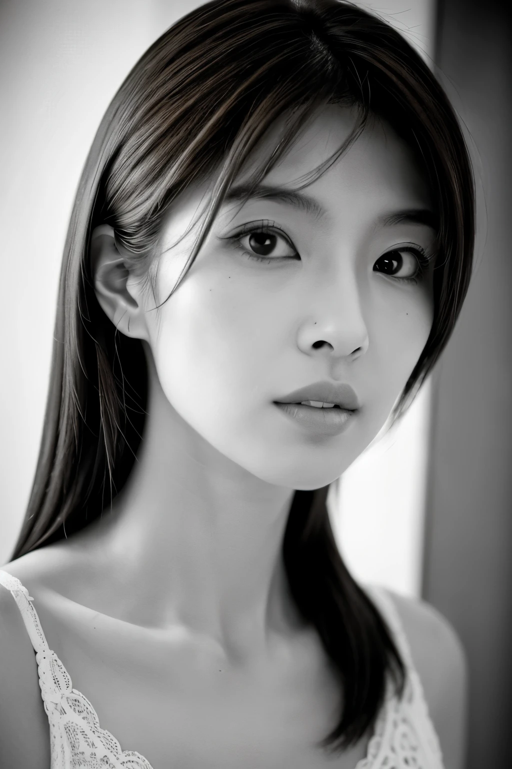 masterpiece, highest quality, Photoreal, Super detailed, High resolution, 8K wallpaper, ((monochrome photography)), 1 girl, Skinny Japanese woman, (((facing the front))), ((Only the lips are in red)), (monochrome photography), brown hair, detailed clavicle, cleavage, perfect face, straight hair, ((look straight at the camera))