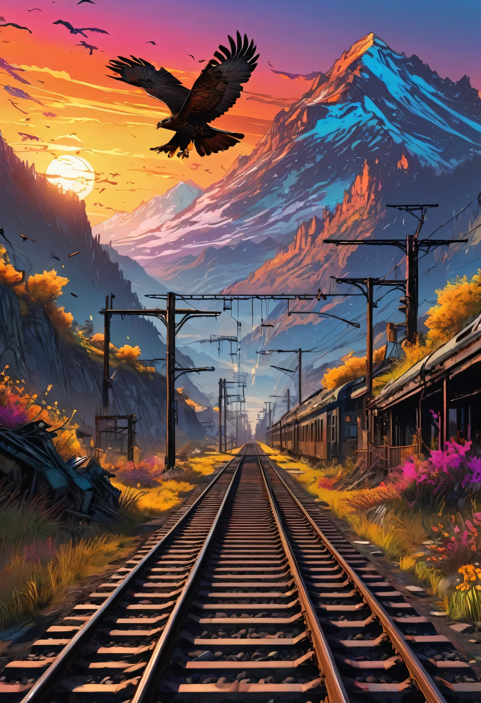 🧊post-apocalyptic environment,railway, sunset,bright colors, mountains,fantastic landscape, Sketch art, a comic, dark botanical,A hawk is circling in the sky, hyper-detailed hawk