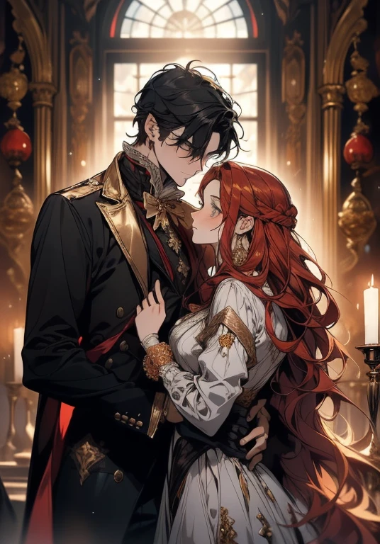 ((masterpieces)), best quality, exceptional illustration, a couple kissing, soft focus, 1 boy with short black hair, BLUE EYES, 1 girl with long wavy red hair, GOLDEN YELLOW EYES, Victorian clothing, Victorian romanticism, opulent and exquisite atmosphere, soft light and warm lighting.