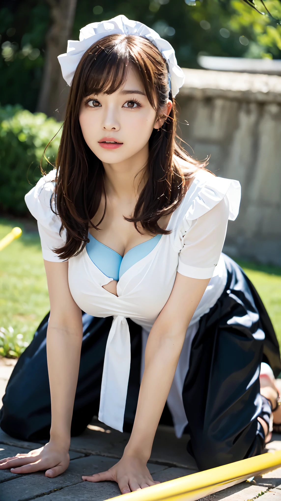 In a beautiful garden, On the grass, 18-year-old, 1 person, Gothic Maid, (((Kamimei、Browsing Caution,Big Breasts、valley、Spread your legs、Camel Toe, Get on all fours、Being penetrated doggy style、Lift your hips up、From the side))), Official Art,Highly detailed CG Unity 8k wallpaper, (masterpiece:1.0),(highest quality:1.0), photo shoot, 8k, Browsing Caution, High resolution, Kodak Portrait 400, Film Grain, Lens flare brilliance