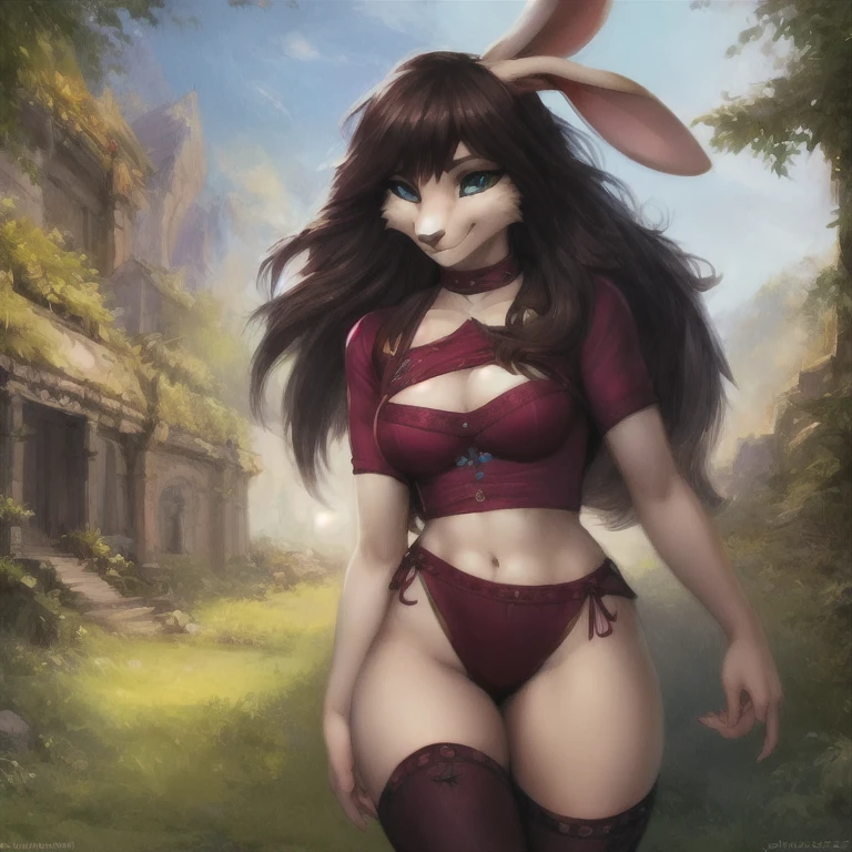 Fantasy atmosphere,jung schlank anthro sportlich (Hase:1.35), (Hellviolette Augen), (bangs:1.3), (schwarzes Haar:1.2), (sehr langer hoher Pferdeschwanz:1.1), (perfektes Gesicht:1.1),(perfekte Augen:1.1), oversized black t-shirt, Schwarzer Lippenstift, medium breasts, Wimpern, Graffiti, schwarzes Halsband, Hairbands, glatt,komplizierte detaillierte, unwirkliche Engine, render, hochgeladen auf e621, blush, zufriedenes, Suggestive smile, blender render, Niedlich, liebenswert, (fluffy colored Fell body), entspannt, (Fell), realistische Augen, Lichtteilchen, sexy anzügliche Pose , mittlere Aufnahme, von Jock Sturges, von Sally Mann, [von Pino Daeni], [von ruanjia], von Shiitakemeshi, [by Alayna Lemmer], [von Carlo Galli Bibiena],Von Greg Rutkowski, von Jeremy Lipking, von Antonio Manzanedo