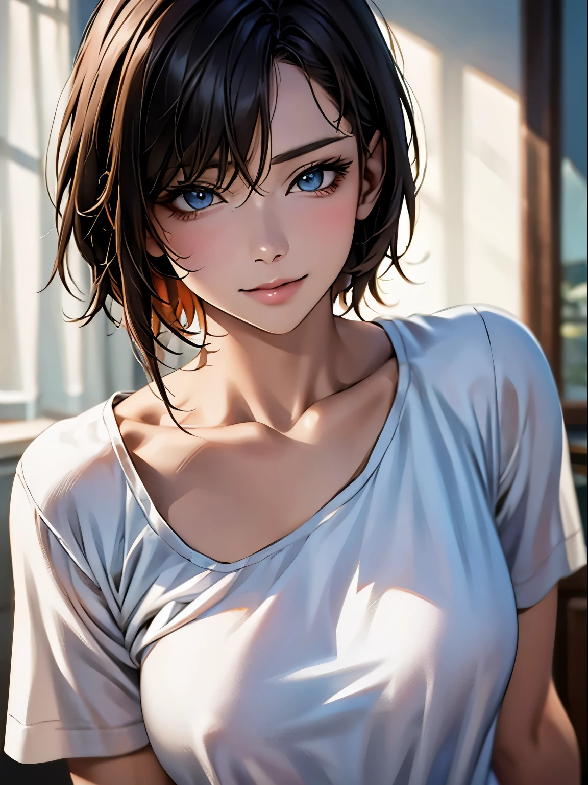 highest quality, Ultra-high resolution, (Realistic: 1.4), beautiful Eyes, Super beautiful, Very short hair, beautiful, lover, Rough chest T-shirt, beautiful Soldier, Eyes that beckon the viewer, loverの視点, Attractive expression, Sexy smile, Perfect Style, Perfect balance, Detailed skin, Mischievous Gaze, I can see your chest