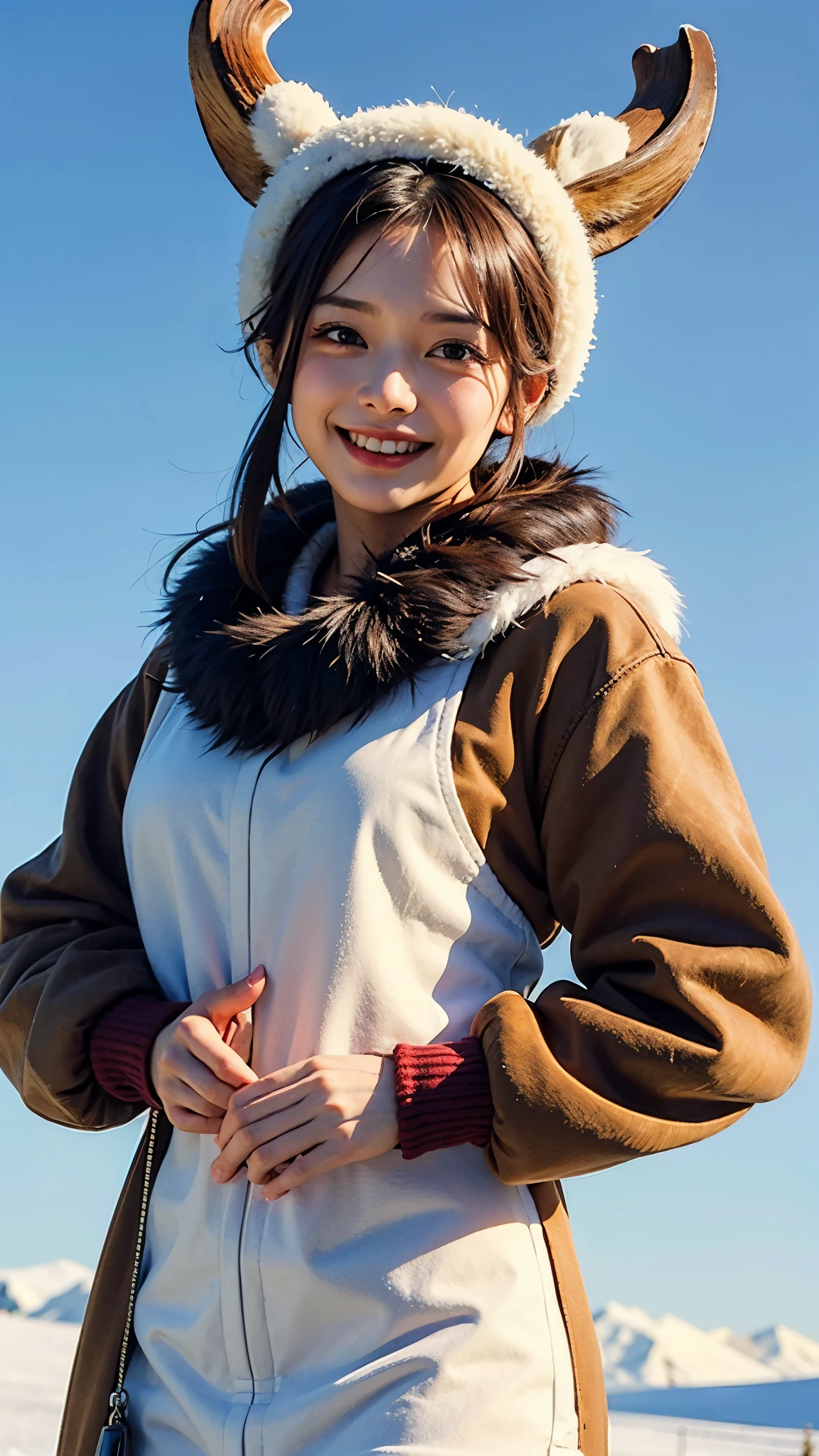   ((top quality, 8 thousand, masterpiece:1.3)),    One Piece Tony Tony Chopper,female version, smile, deer horns on head, fur scarf, snowy background, It snowed a lot, Chopper&#39;s Hat