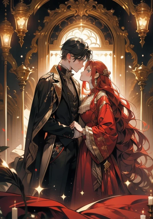 ((masterpieces)), best quality, exceptional illustration, a couple kissing, soft focus, 1 boy with short black hair, BLUE EYES, 1 girl with long wavy red hair, GOLDEN YELLOW EYES, Victorian clothing, Victorian romanticism, opulent and exquisite atmosphere, soft light and warm lighting.