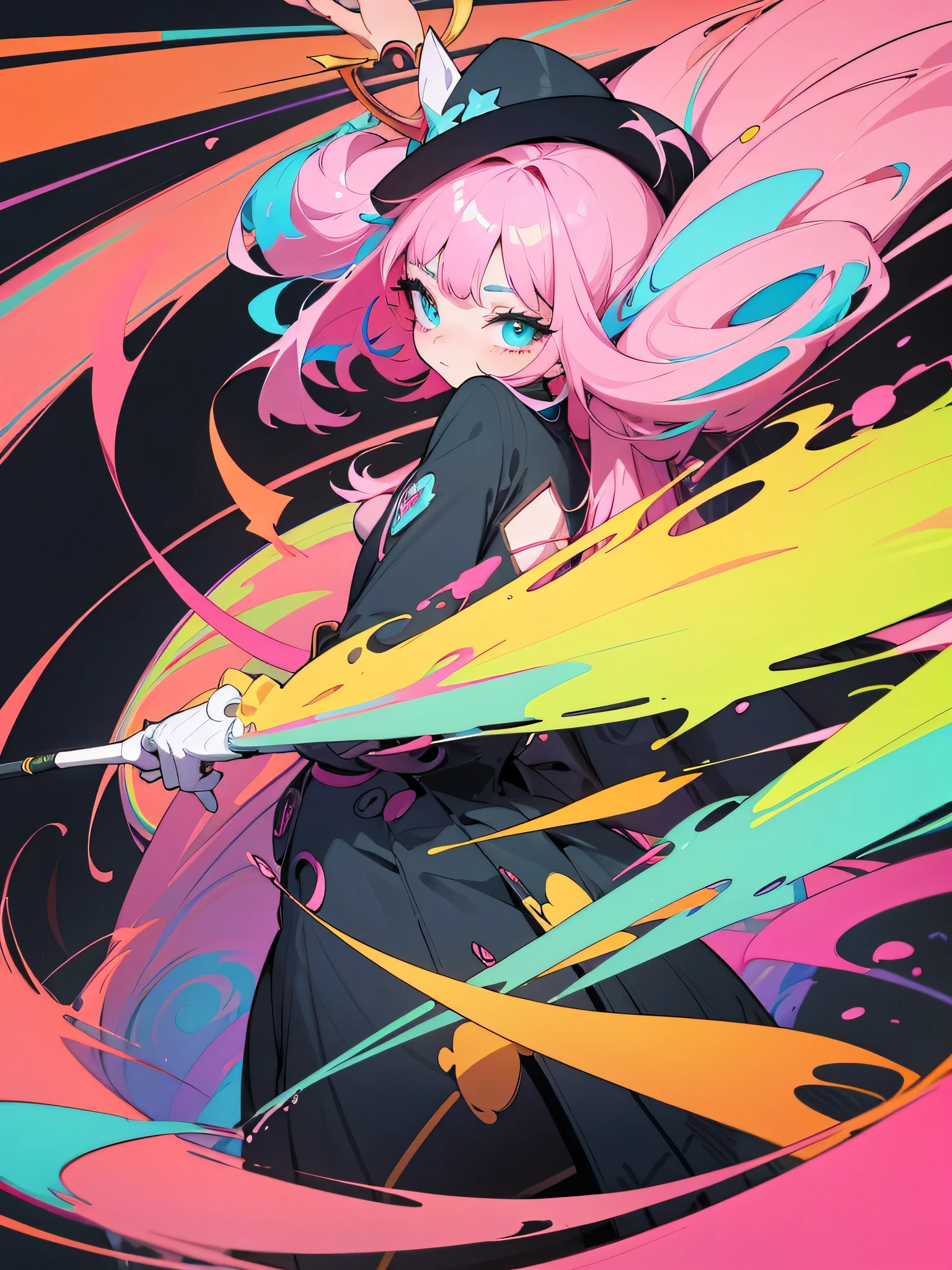 1girll， solo， standing on your feet， O cabelo multicolorido，neon, wavey hair， （tmasterpiece，the detail，A high resolution），extremely colorful，A drawing of a woman wearing a hat and dress with a magic wand, clean lineart, linear art, lineart behance hd, thick black lineart, perfect lineart, Simple lines of art, thick lineart, bold lineart, clean anime outlines, Line art!!, variable lineart, black and white line art, exquisite line art