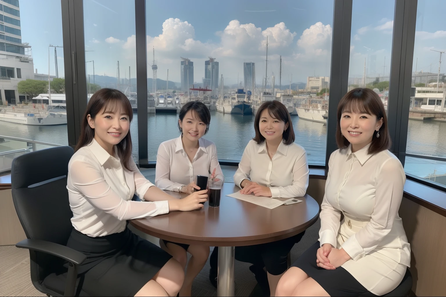 ((highest quality, 8k, Representative works in detail, Ultra-high resolution)), (Group photo of women), (Looking at the audience), (Mid Shot:), Five attractive businesswomen、Women only 5 people, A little chubby:0.25, White collared shirt, Grey Skirt, (Sitting cross-legged at an office desk)), smile, A view of Kobe Port and the Port Tower;Inside a high-rise office,