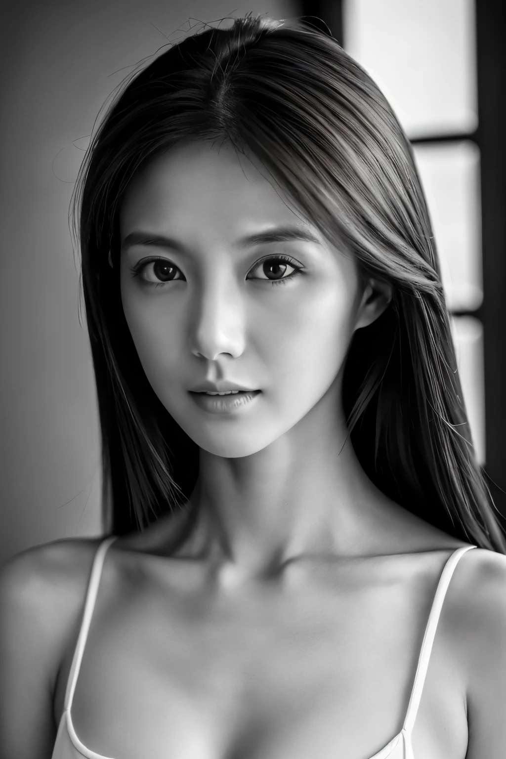 masterpiece, highest quality, Photoreal, Super detailed, High resolution, 8K wallpaper, ((monochrome photography)), 1 girl, Skinny Japanese woman, (((facing the front))), ((Only the lips are in red)), (monochrome photography), brown hair, detailed clavicle, cleavage, perfect face, straight hair, ((look straight at the camera))