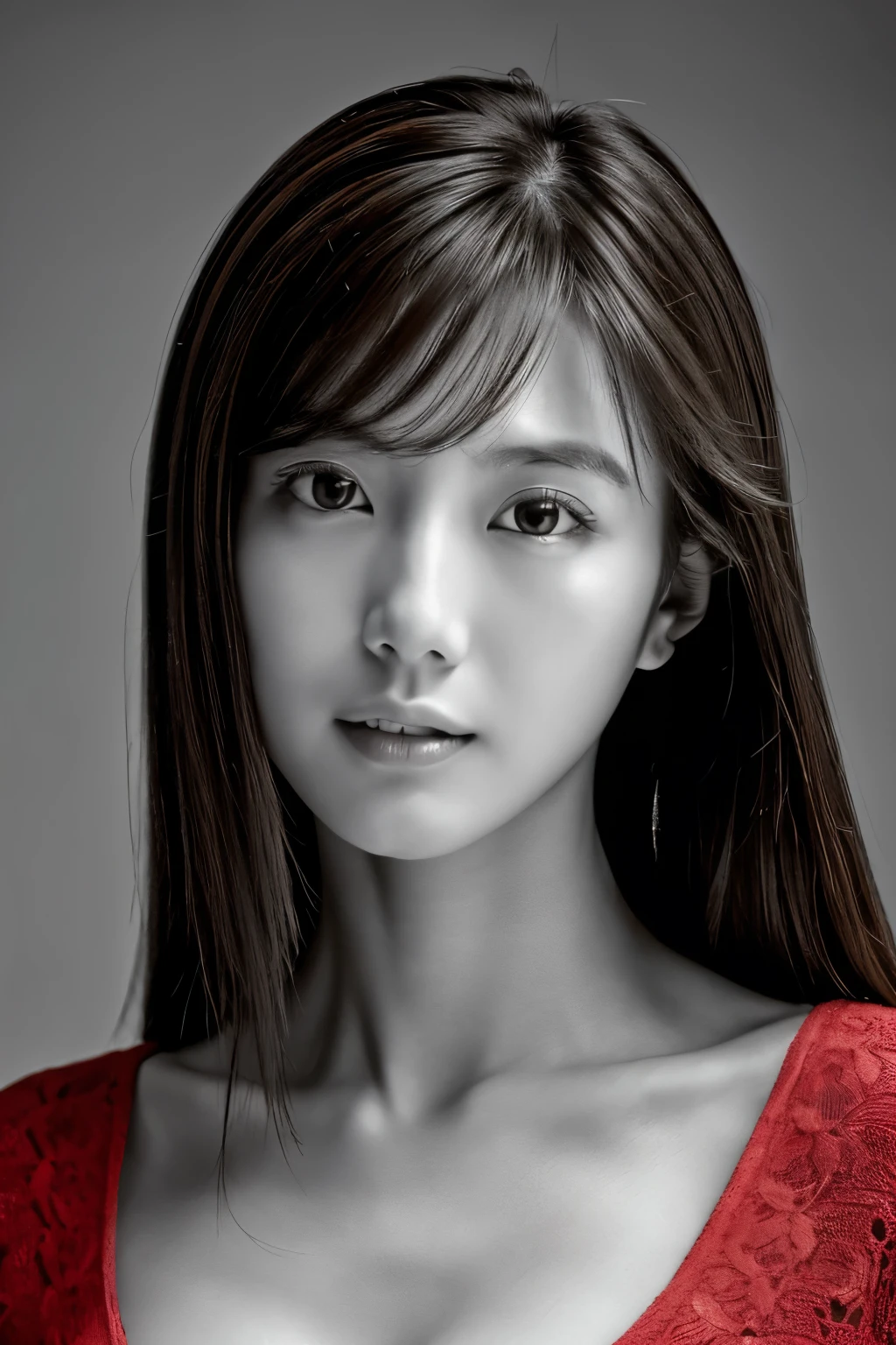 masterpiece, highest quality, Photoreal, Super detailed, High resolution, 8K wallpaper, ((monochrome photography)), 1 girl, Skinny Japanese woman, (((facing the front))), ((Only the lips are in red)), (monochrome photography), brown hair, detailed clavicle, cleavage, perfect face, straight hair, ((look straight at the camera))
