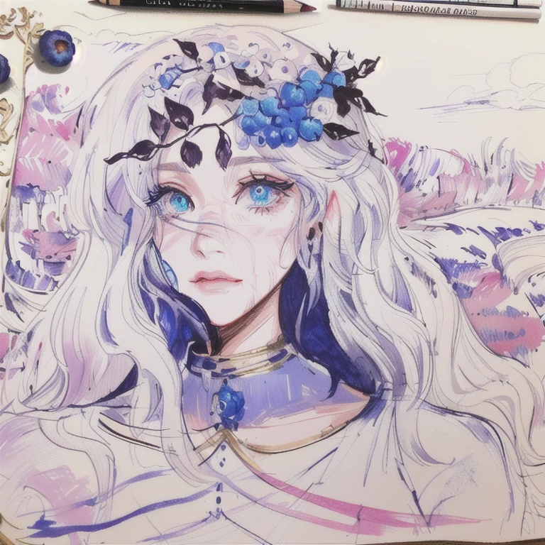 头上戴着blueberry的女人的图画, blueberry，Very detailed and beautiful fan art, Beauvot Art Style, Portrait of the Elf Queen, ink and ballpoint, Detailed fan art, Inspired by Rebecca Gay, Detailed Matte Fantasy Portrait, Ink under drawing, queen of nature, Color drawing, high quality Color drawing, Pencil and ink comics, Faded pictures