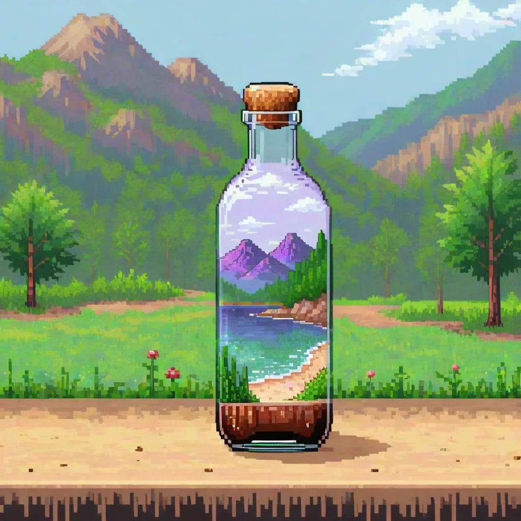 beautiful landscape nature glass bottle, , Lila Galaxieflasche, pixel art