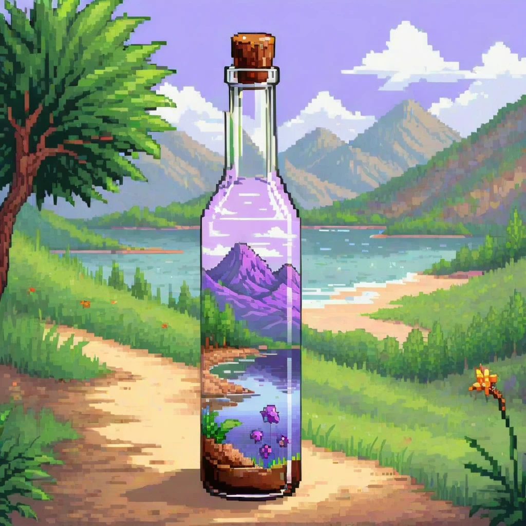 beautiful landscape nature glass bottle, , Lila Galaxieflasche, pixel art