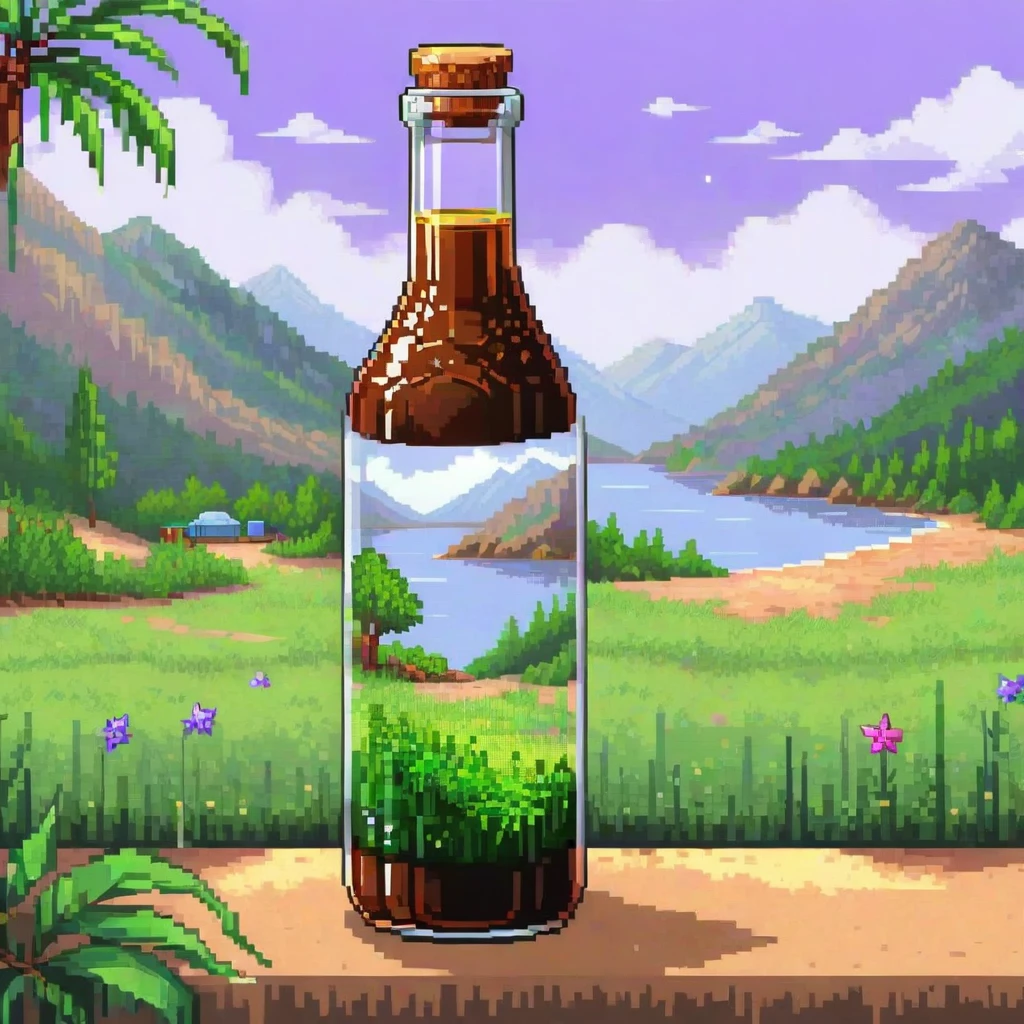 beautiful landscape nature glass bottle, , Lila Galaxieflasche, pixel art