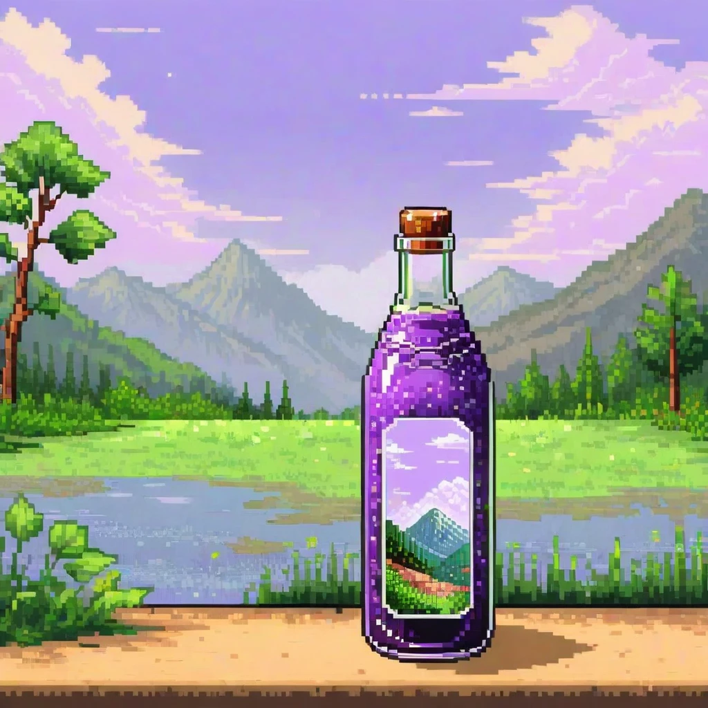 beautiful landscape nature glass bottle, , Lila Galaxieflasche, pixel art