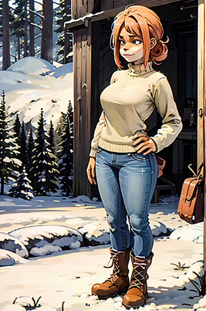 masterpiece, best quality, oil painting, extreme detail, detailed face and eyes, volumetric lighting, absurdres,1girl,bent forward, mountainside, from behind, backpack, plaid chequered green shirt, jeans, portrait, overlooking valley,( chubby, plump, curvy, wide hips, thick thighs), smiling, closed mouth, happy, red hair, (plaitreckels, holding bottle of water, spruce trees, snow covered mountains, hat, blue eyes, anime_screencap