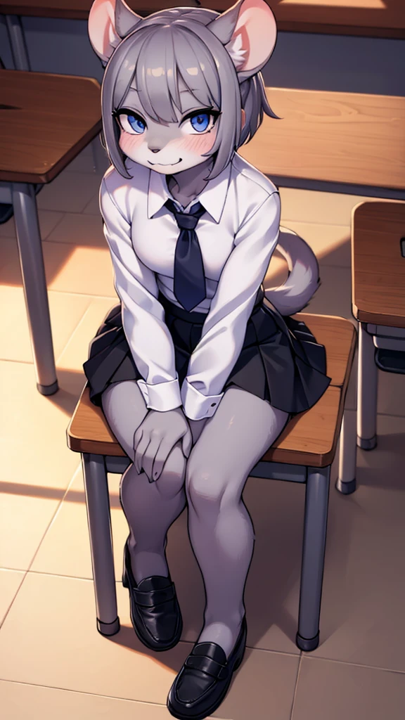 cute女性、Sparkling、Gray rat、cute、short hair、boyish、Laughing with your mouth open、Sunset、Grey Skin、Naughty、Lively、Mischievous、Sit at a desk、Crossing your legs、High school girls、White shirt、Black long skirt、Black Loafers、Troubled face、Detailed Description、high resolution、High quality、Detailed eyes、Detailed body、classroom、Looking down from above