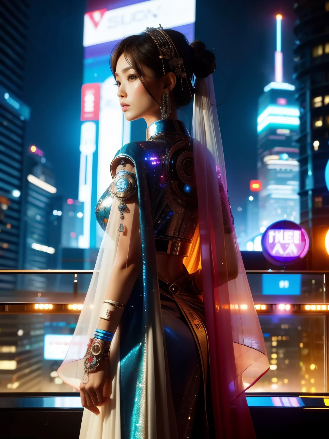 (high quality), (masterpiece), (detailed), 8K, Hyper-realistic digital illustration depicts a (Japanese woman1.3) wearing a (futuristic sari1.2) with (intricate henna patterns1.2) inspired by Indian culture. Her (fantasy outfit1.2) is adorned with (glowing accents1.2) and (neon lights1.2), reflecting the modern and futuristic atmosphere. She stands amidst a (neon-lit cityscape1.2) with (holographic advertisements1.2) and (futuristic skyscrapers1.2), in style of Ash Thorp, trending on DeviantArt.