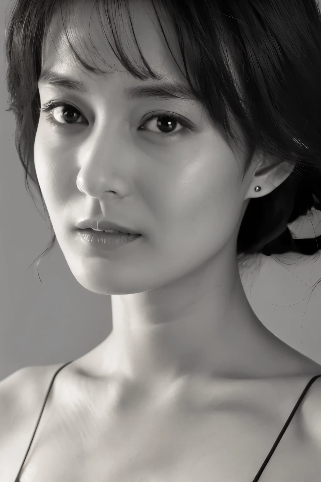 masterpiece, highest quality, Photoreal, Super detailed, High resolution, 8K wallpaper, ((monochrome photography)), 1 girl, Skinny Japanese woman, (((facing the front))), ((Only the lips are in red)), (monochrome photography), brown hair, detailed clavicle, cleavage, perfect face, straight hair, ((look straight at the camera))