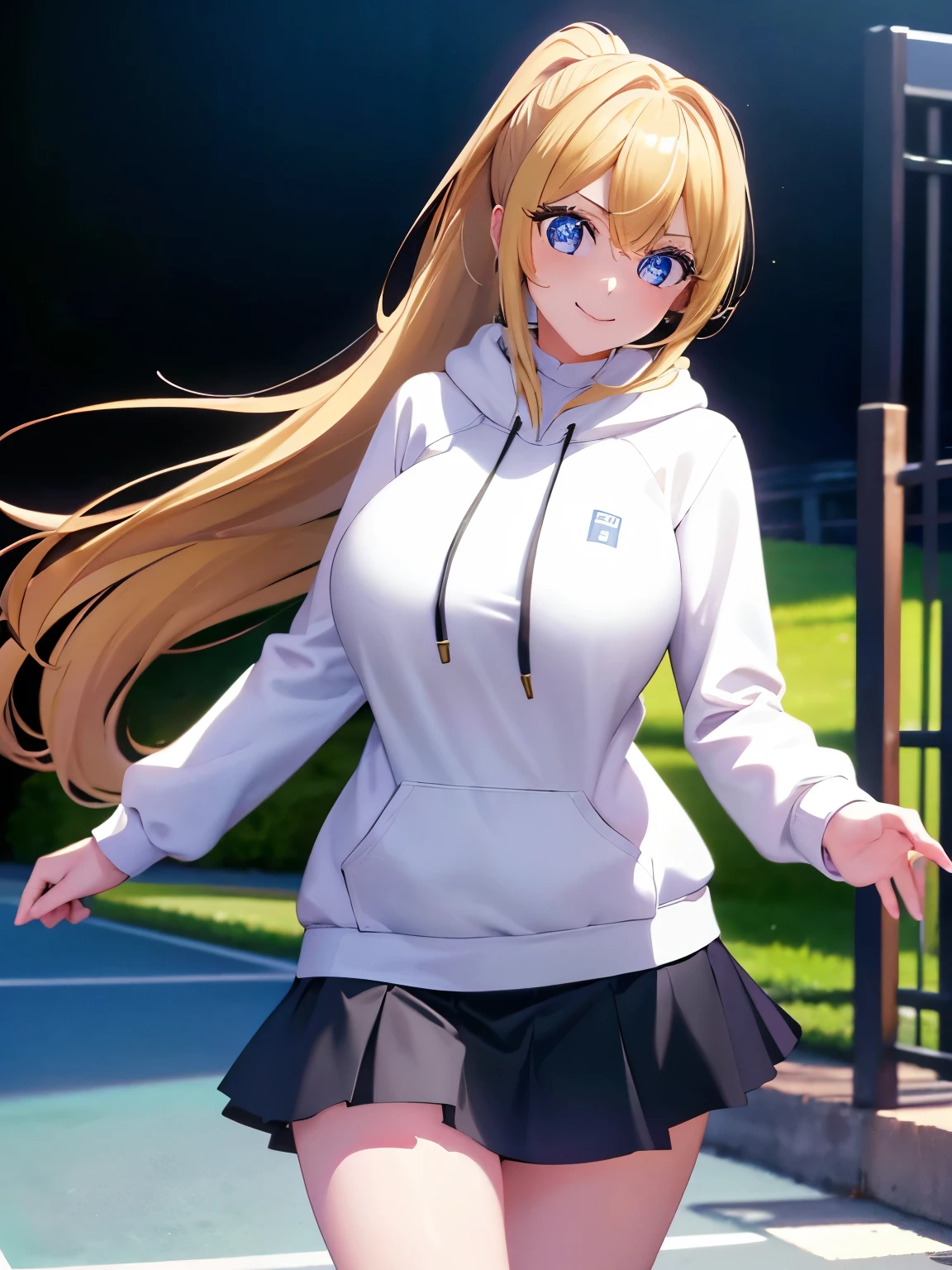 1woman,super beautiful,Walk,Smile,half body photo,Beautiful eyes, very detailed face,cute, tennis skirt,HD face, perfect face, white hoodie,long hoodie,black mini skirt,Very big breasts,Blonde hair,long hair,ponytail,bangs,blue eyes,ultra detail,ultra Hd, masterpiece,4k