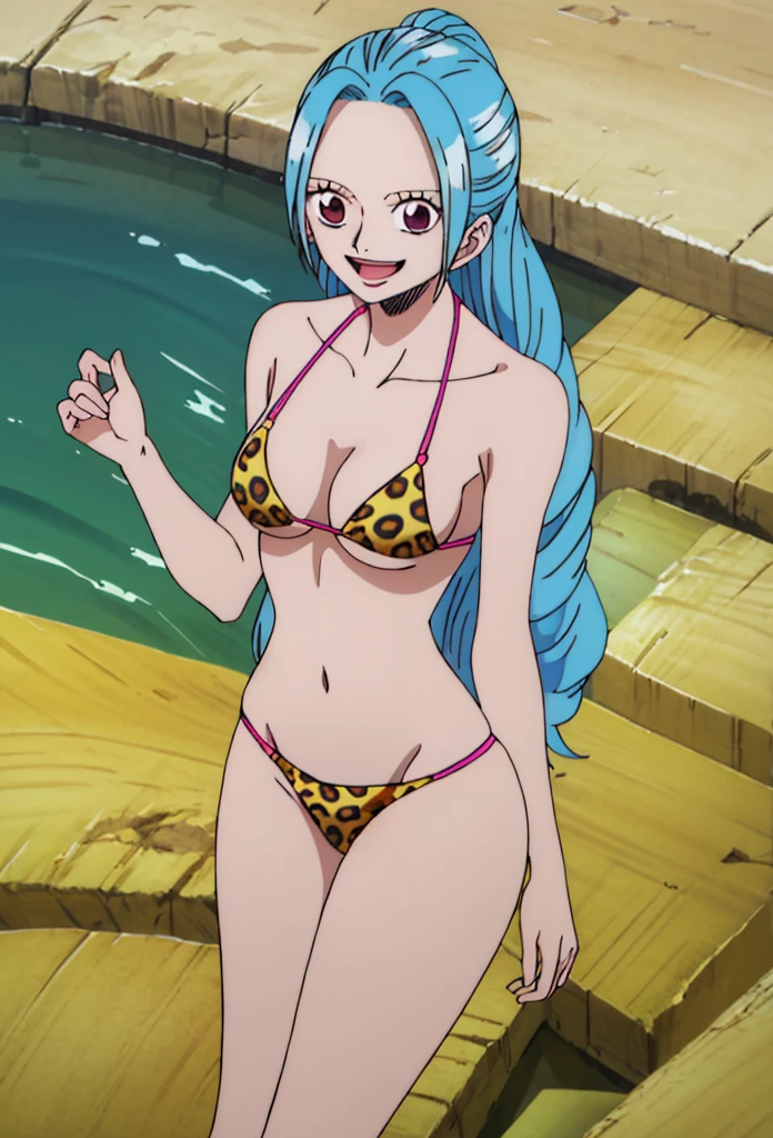 (masterpiece, 4K, highest quality, anime style: 1.9, Detailed face, Lovely, Ocean,Thick drawn lines, High resolution, anime, Lake 4. alone, Curvaceous, Thighs, Cleavage, Medium Chest, smile, Please open your mouth wide, Very slim belly, Cowboy Shot, Leopard Print Bikini,1 girl、round pink eyes, Blue Hair)、medium to long straight hairstyles、ONE PIECEanime風、Bibi