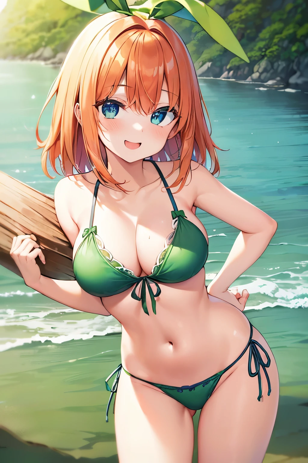 Yotsuba Nakano, Haare zwischen den Augen, Haaraufnahme, green hair band, lange orange Haare, Rote Haare,(blue Augen:1.5), Orange Haare, zwei Seiten nach oben, green ribbon,Oberschenkel Oberschenkel Oberschenkel Oberschenkel, BREAK schaut den Betrachter an,brechen (Tischplatte:1.2), best quality, High resolution, Unity 8k-Hintergrundbild, (Illustration:0.8), (Lovely, detaillierte Augen:1.6), besonders detailliertes Gesicht, perfekte Beleuchtung, Extrem detaillierte CG, (perfect hands, perfekte Anatomie),Sassy big、Smile with your mouth open、,(grün Bikini:1.5)、(der Strand:1.3)、Cowboy-Schuss、Hands on hips, green bikini, no teeth