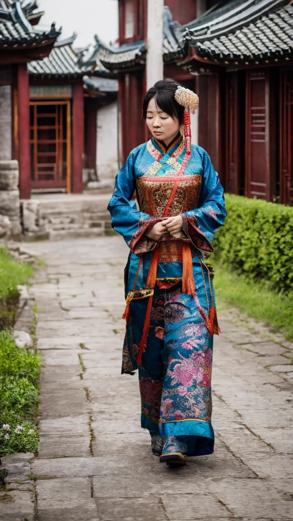 A woman wearing ancient Chinese clothing walking alone