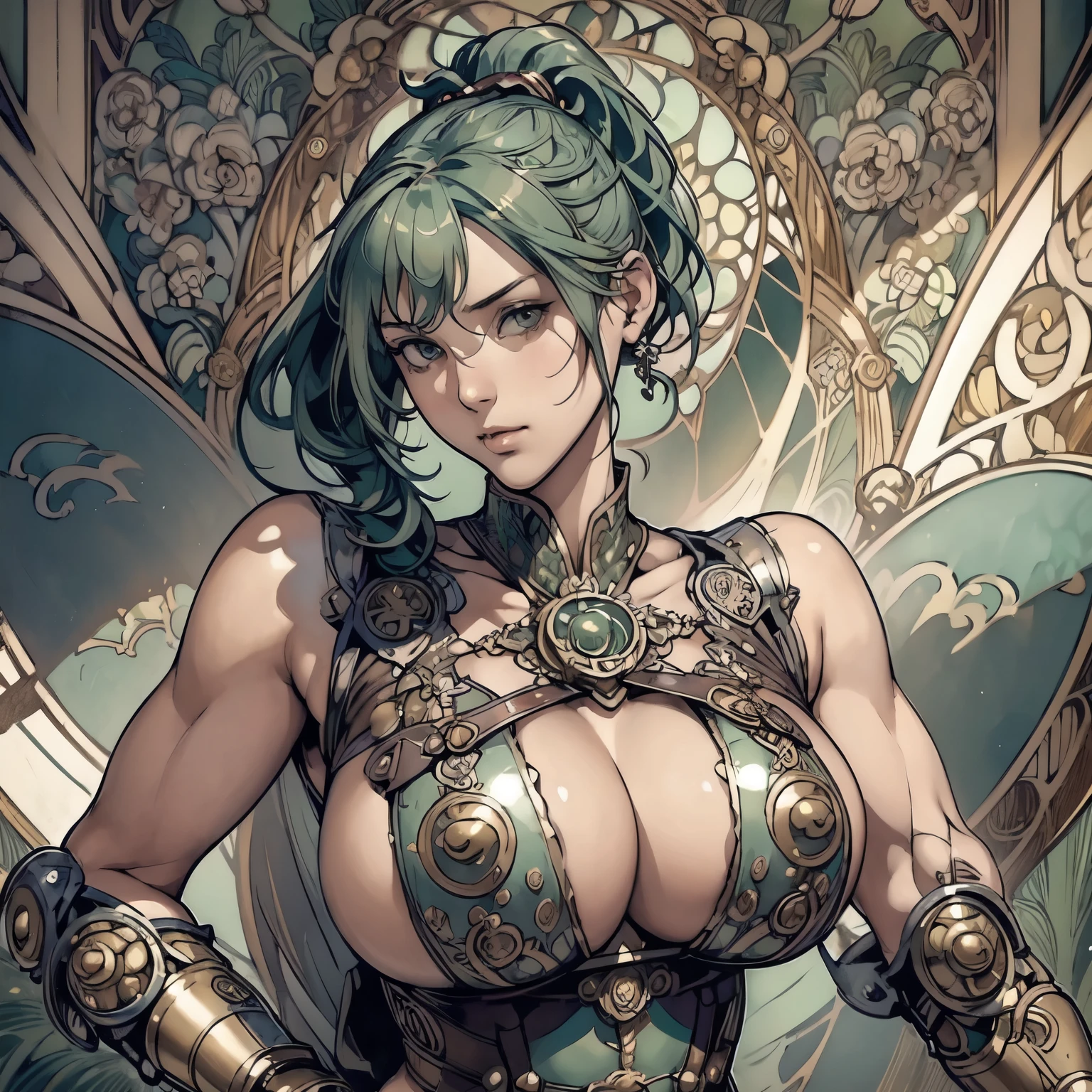 ((Detailed face)),((Mucha's style)),(vulgar),(portrait),huge breasts, Wearing steampunk armour,green hair,side ponytail,(arms behind back:1.2),((addiction to sex))((Female knight )),(high position:1.8)