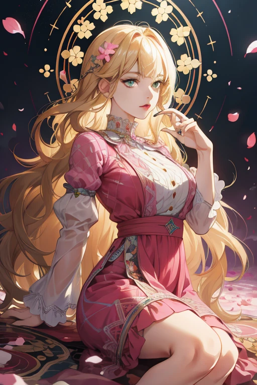 (absurdres, highres, ultra detailed), 1girl, mature female, wavy blonde hair, long hair, blunt bangs, green eyes, pink dress, finely detailed eyes and detailed face, extremely detailed CG unity 8k wallpaper, intricate details, BREAK , kaleidoscopic imagery, symmetrical patterns, vibrant colors, geometric shapes, mesmerizing designs, optical illusions, dynamic composition BREAK , pantomime art, expressive body language, silent storytelling, evocative gestures, visual narratives, theatrical performances BREAK , blooming flowers, colorful petals, fragrant scents, nature's bounty, vibrant gardens, peaceful scenery
