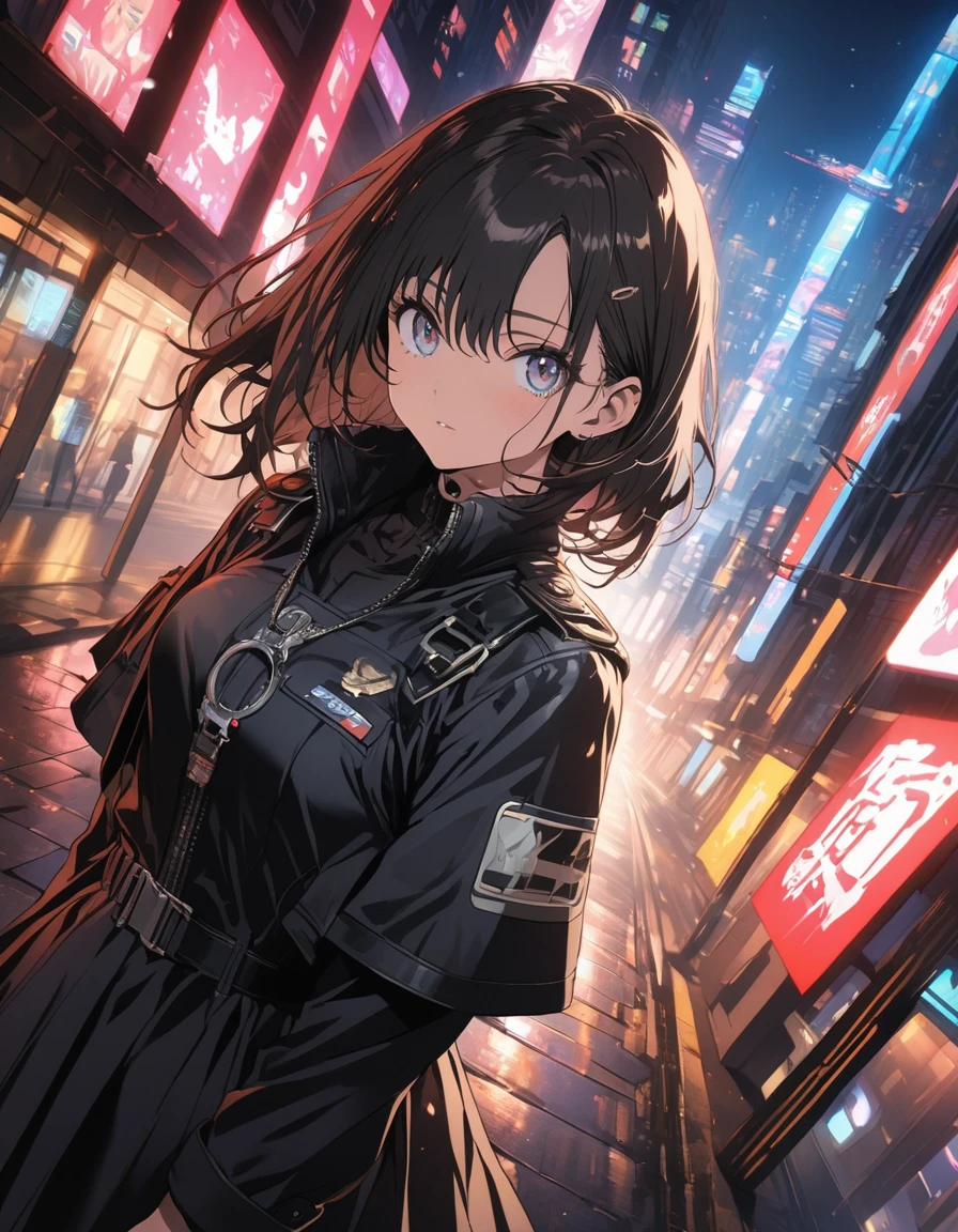 anime style, super fine illustration, highly detailed, dynamic angle, beautiful detailed, 8k, At night, in a cyberpunk cityscape, a female police officer patrols the neon-lit streets. Her footsteps echo against the damp pavement as she keeps a watchful eye on the shadows, ready to enforce justice in this futuristic metropolis.(highest quality、masterpiece、High resolution、detailed)、animeスタイル、Flat Style、(Beautiful Eyes, Delicate and beautiful face, ) 、Dynamic Angle、anime