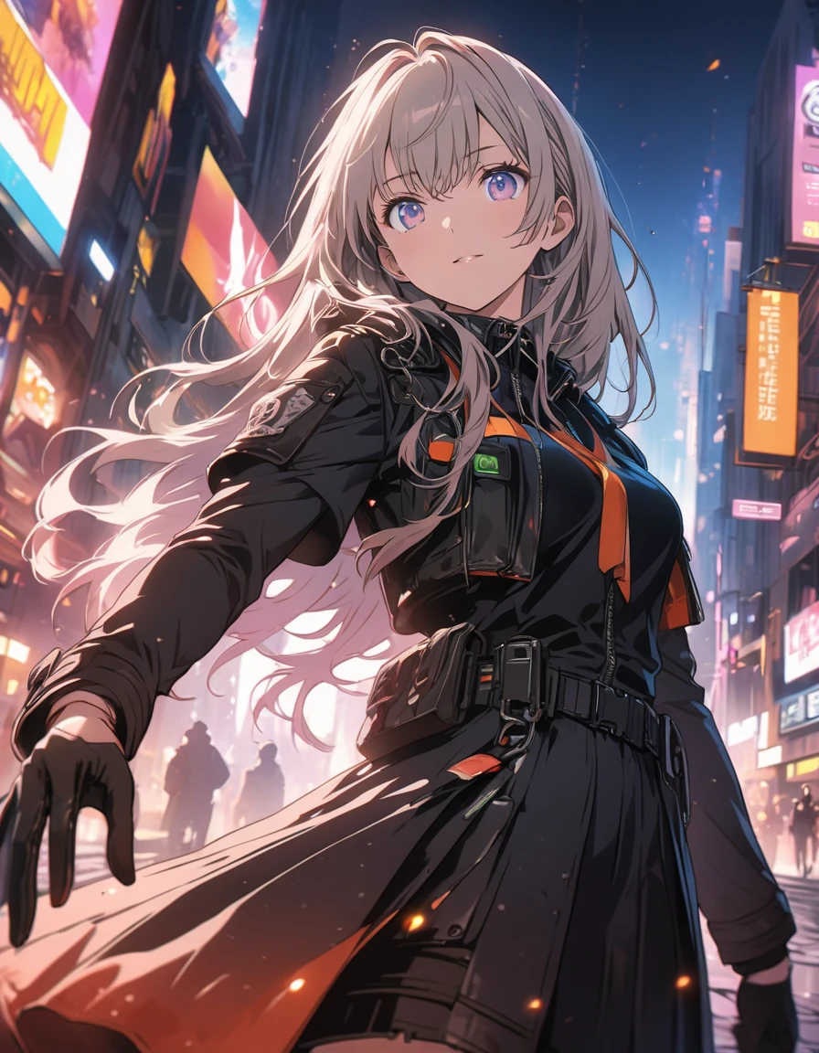 anime style, super fine illustration, highly detailed, dynamic angle, beautiful detailed, 8k, At night, in a cyberpunk cityscape, a female police officer patrols the neon-lit streets. Her footsteps echo against the damp pavement as she keeps a watchful eye on the shadows, ready to enforce justice in this futuristic metropolis.(highest quality、masterpiece、High resolution、detailed)、animeスタイル、Flat Style、(Beautiful Eyes, Delicate and beautiful face, )  、Dynamic Angle、anime