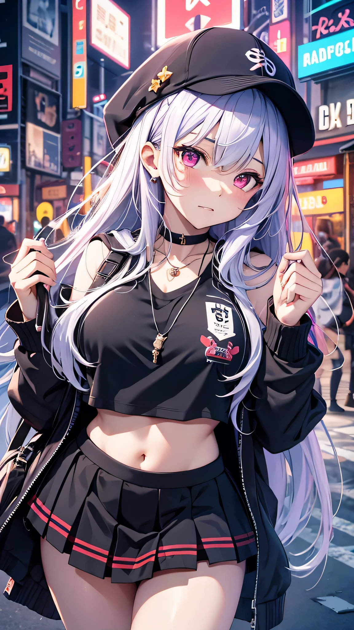 最high quality、Best image quality、masterpiece、girl((18-year-old、 By becoming、Best Bust、Medium Bust,Wide open breast tea、Red glowing eyes,Silver Hair、Disheveled Hair、Long Hair、thin,The highest valley、Open chest、Luminous Wristbands、hat、hair ornaments、luminous necklace、Black sleeveless hoodie(1:2)、Blue short skirt、Angle from directly above、Disheveled clothing、Show the whole body,Low - Angle、Hacker-like、sweating、lure、Black cute mask、Leaning against a wall)),high quality、Beautiful art、background((Neon Town、Neon Light、Neon rooftop at night))、Flight、Flying debris、Written boundary depth、movie、Visual Arts、Perfect art、8K,Genuine、