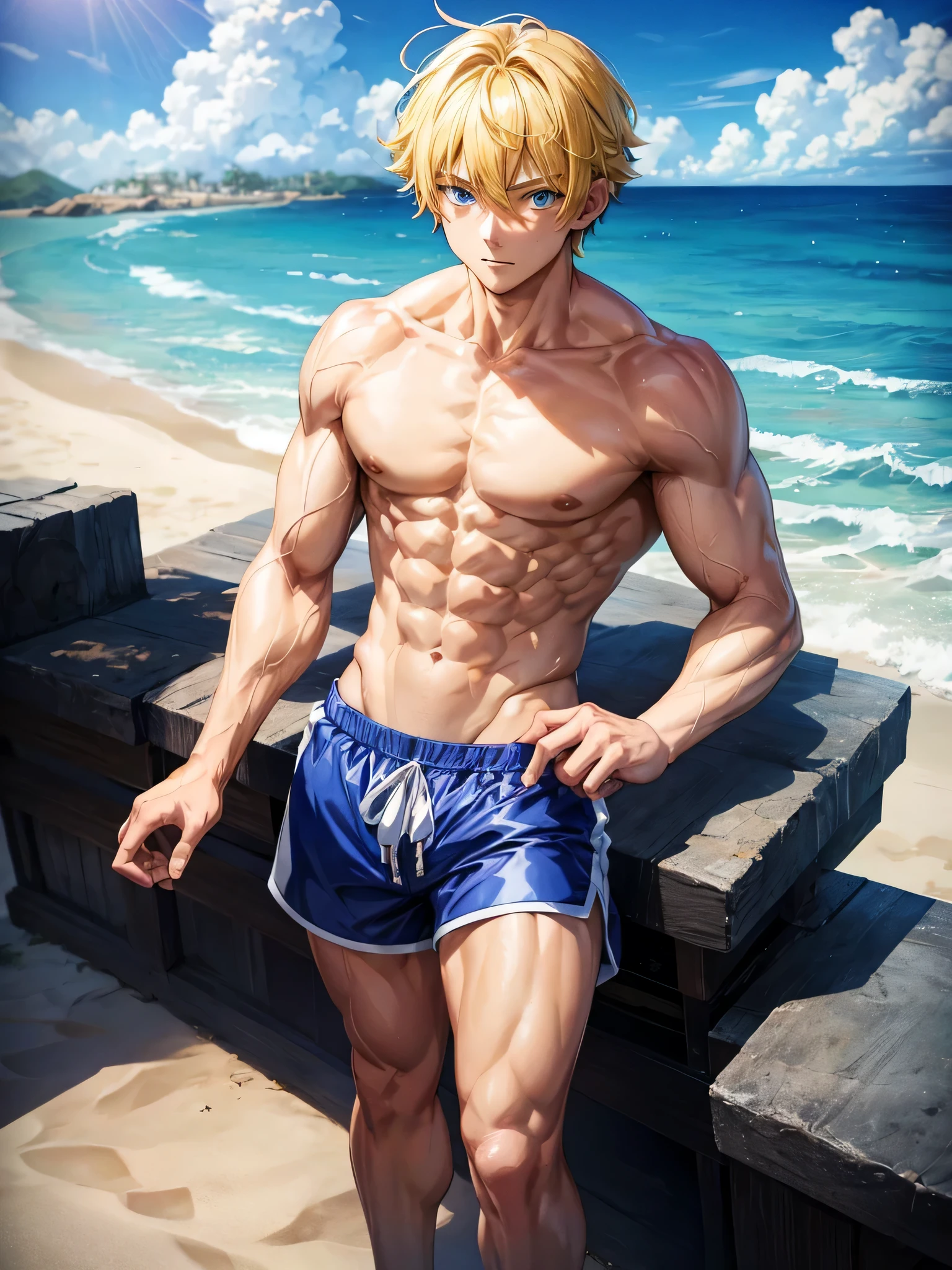 Anime guy about 15, shirtless, with blue eyes and yellow hair, muscular, 6 pack abs, with white shorts, on the beach