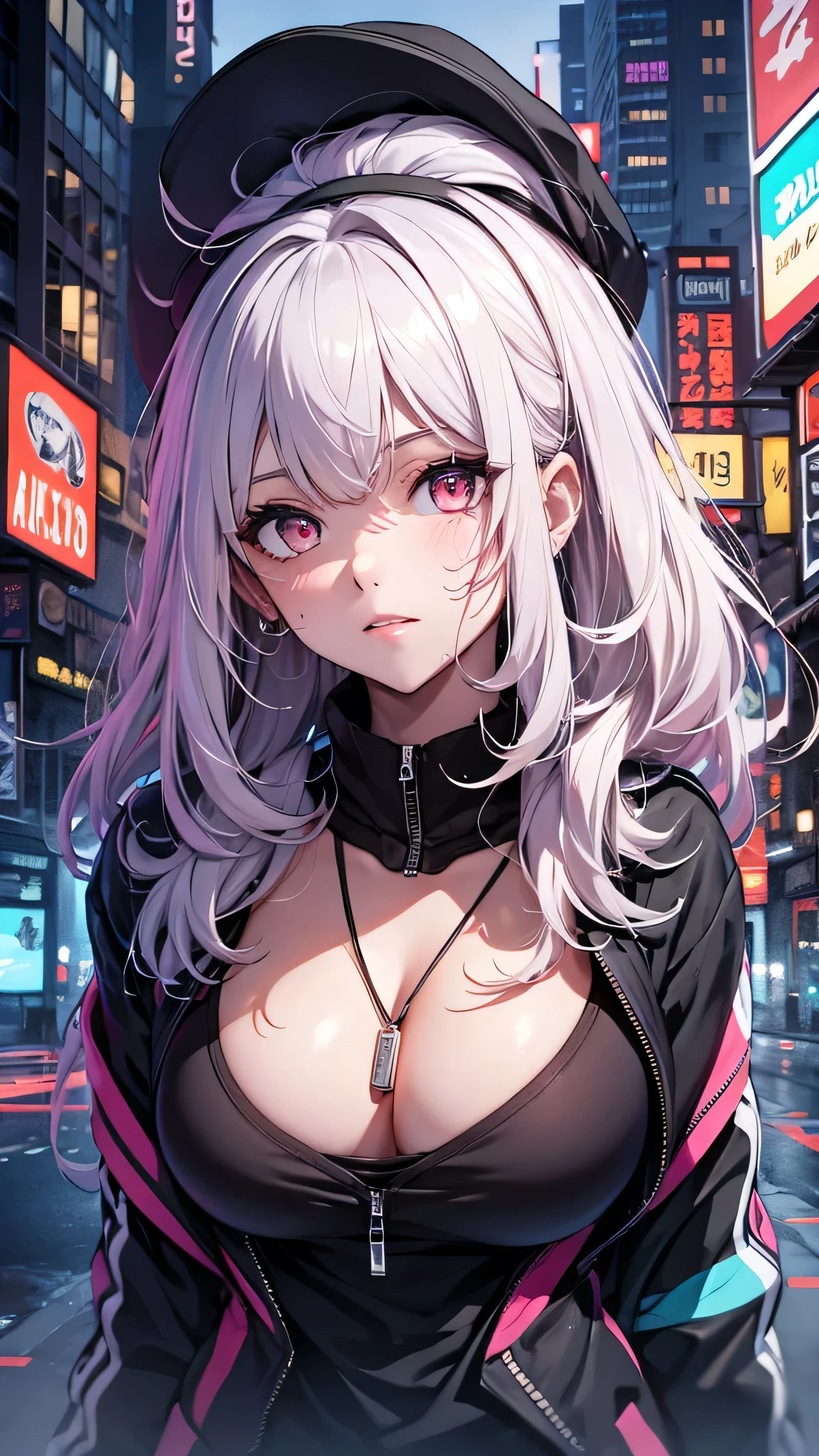 最high quality、Best image quality、masterpiece、girl((18-year-old、 By becoming、Best Bust、Medium Bust,Wide open breast tea、Red glowing eyes,Silver Hair、Disheveled Hair、Long Hair、thin,The highest valley、Open chest、Luminous Wristbands、hat、hair ornaments、luminous necklace、Black sleeveless hoodie(1:2)、Blue short skirt、Angle from directly above、Disheveled clothing、Show the whole body,Low - Angle、Hacker-like、sweating、lure、Black cute mask、Leaning against a wall)),high quality、Beautiful art、background((Neon Town、Neon Light、Neon rooftop at night))、Flight、Flying debris、Written boundary depth、movie、Visual Arts、Perfect art、8K,Genuine、