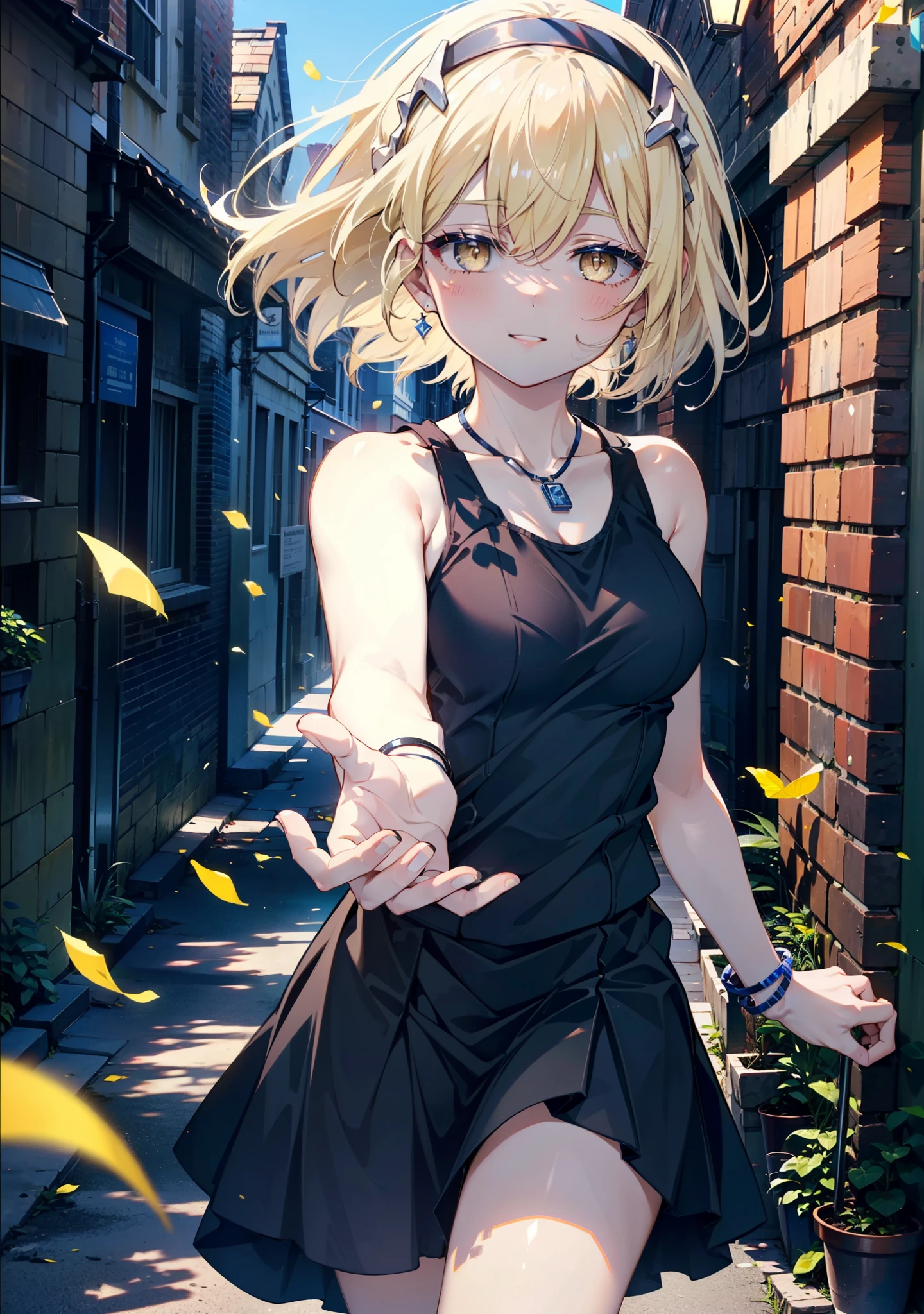 アイスWallenstein, Wallenstein, blonde, Hair between the eyes, hair band, Long Hair, (Yellow Eyes:1.5),happy smile, smile, Open your mouth,smile,blush,Long vest,Tank top shirt,Heart Pendant,Long skirt,Cute Sandals,Clear skies,,break looking at viewer,(Cowboy Shot:1. 5) break outdoors,Building district,In town, break (masterpiece:1.2), highest quality, High resolution, unity 8k wallpaper, (shape:0.8), (Beautiful and beautiful eyes:1.6), Highly detailed face, Perfect lighting, Highly detailed CG, (Perfect hands, Perfect Anatomy),