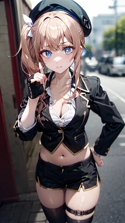 ubel,dark green hair,long hair,side ponytail,hair between eyes,bangs, BREAK (beret, black jacket, open clothes, cleavage, midriff, black shorts, black thighhighs, thigh strap, fingerless gloves, single glove:1.2) BREAK blurry background, BREAK pose, hand on hip, BREAK (masterpiece:1.2), best quality, high resolution, unity 8k wallpaper, (illustration:0.8), (beautiful detailed eyes:1.6), extremely detailed face, perfect lighting, extremely detailed CG, (perfect hands, perfect anatomy),
