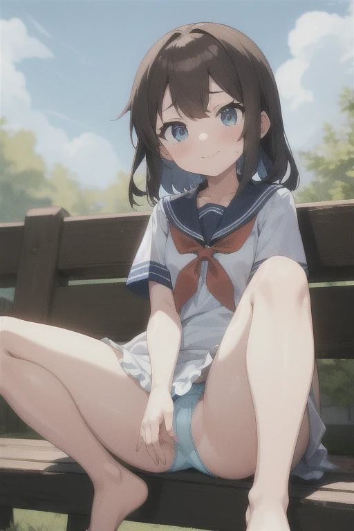 highest quality、Super Resolution、8K,(masterpiece:1.3), (Absurd:1.3), (highest quality:1.3), (Very detailed:1.3), One girl, View your viewers, smile, Outdoor,Photographed from the perspective of looking up at her feet, Summer sailor uniform,ailor collar,、Sit on a bench、She spreads her legs and shyly shows her panties、She shows off her white frilly panties to the viewers.、