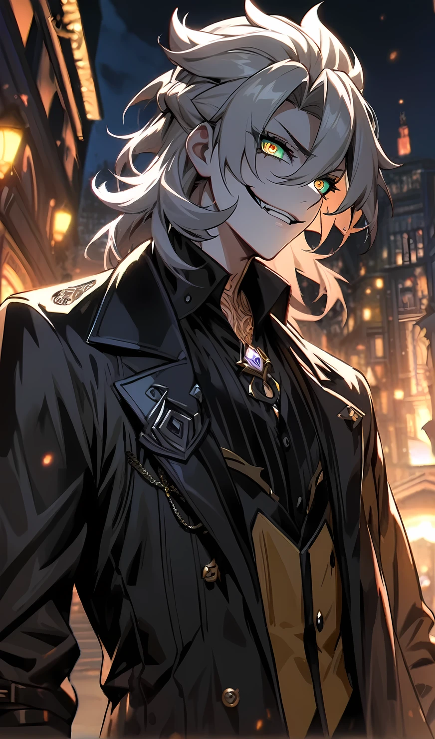 Albedo from genshin impact, solo,1 man,tattoo, mafia boss, (wear mafia clothes:1.5), evil aura,evil smile, villain,night city, ultra-detailed,beautiful detailed eyes,extremely detailed eyes and face,