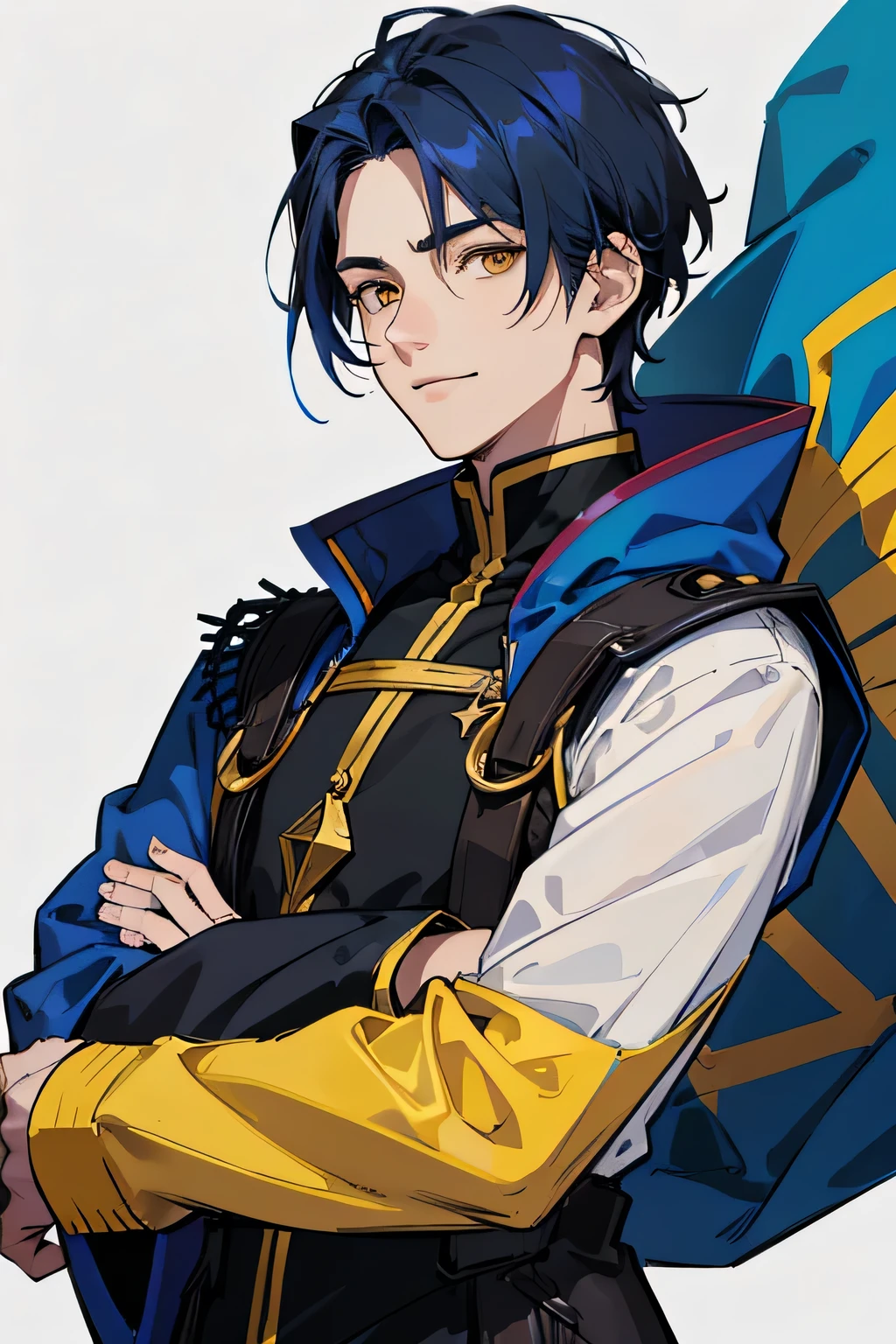 1 male, a men who is twenty-five year old, Dark-blue haired male character, Dark-blue hair that extends to shoulders, half body, high precision, fine, male character, HD face, fine eyes, yellow eyes like the star, modern clothing, black shirt, white tunic, single, black long-sleeved coat, dark circles, three-seven bangs, wizard, star, He is smiling and pose with index finger up, sharp, adult, simple background