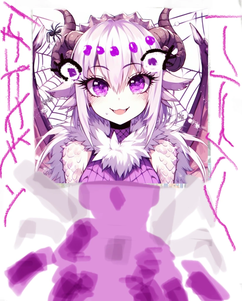 Female Dragon.element. hairy. Compound eyes. Sick expression. Double teeth. Purple. Insect fungus. Net pattern wings. anime style.