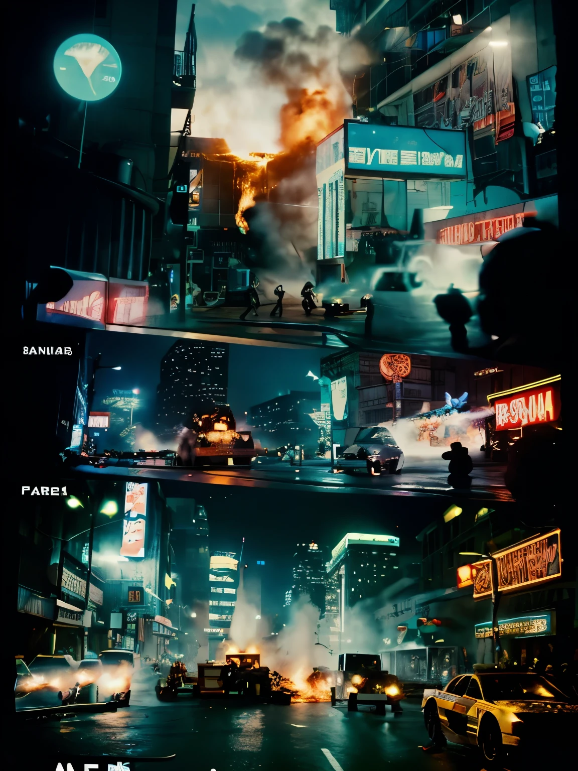 ((highest quality)), ((masterpiece)), (be familiar with), (High definition), (Accurate), (Realistic), (Cinematic), (Best Shadow), (Low contrast), (8K), Perfect Face, ((SYD MEAD style)), manga、mangaデザイン、Storyboard、Panel layout、((Police officers rushing to the scene))、(Security drones start firing:1.2), (explosion:1.2), (A fugitive々:1.2), ((Cars in flames)), Glittering neon signs、congestion, congestion, Decadent Future City, NEO TOKYO, A.D.2051, (steam:1.2), It's raining white, evening, 